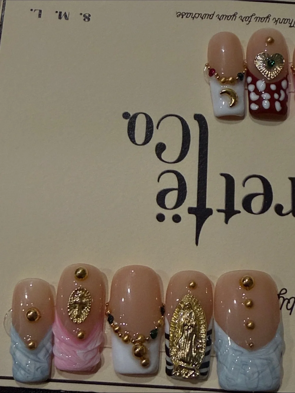 Handmade acrylic Press-On Nail Set — Pink, White, Beige, Red, Gray Accents